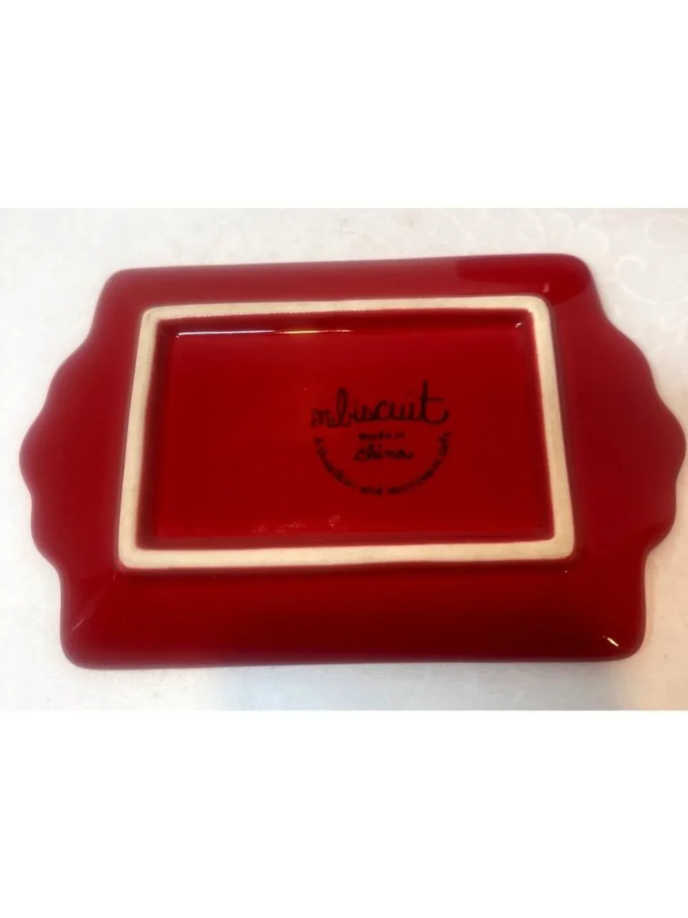 Red Ceramic Butter or Cheese Dish with Lid Scalloped Tray Dishwasher & Microwave
